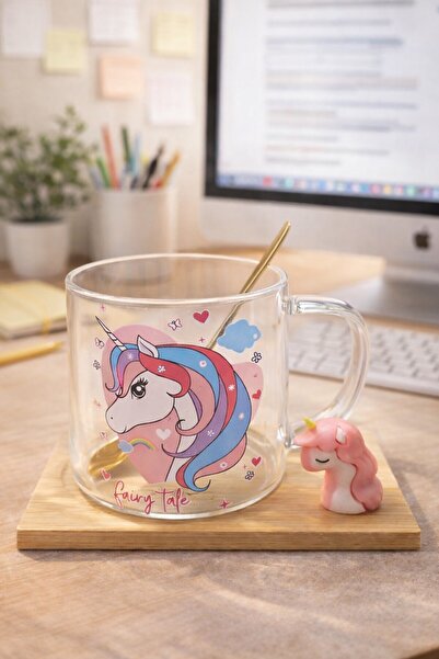 Two Two Unicorn Desenli Şeffaf Cam Kupa –Hediyelik Özel Tasarım Bardak-Kaşıkl...