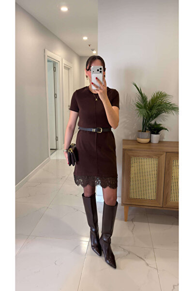 BİRCANÇİL Kensa Brown Front piped Skirt Hem Lace Dress