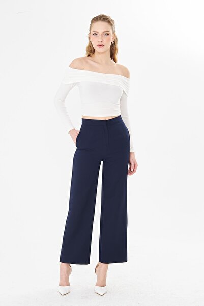 Sortie Women's High Waist Navy Blue Color Wide Leg Trousers