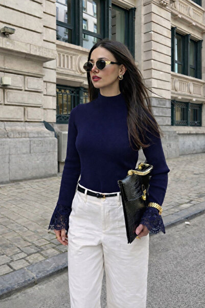 oshebu Navy Blue-Women's High Neck Blouse with Lace Detail on Sleeves