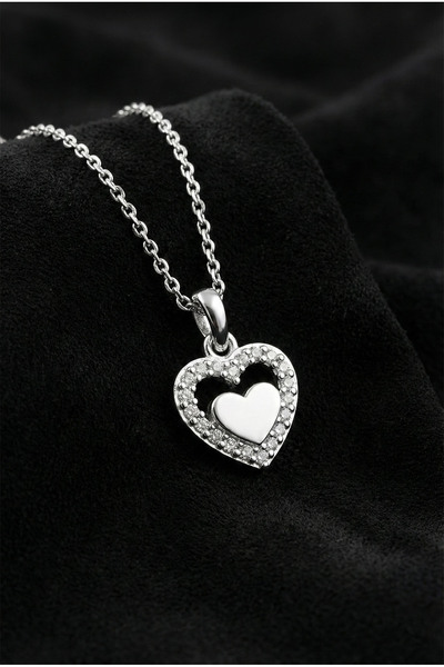 Roza Silver 925 Ayar Gümüş Rodyum Renk Zirkon Taşlı Minimal Kalpli Kolye