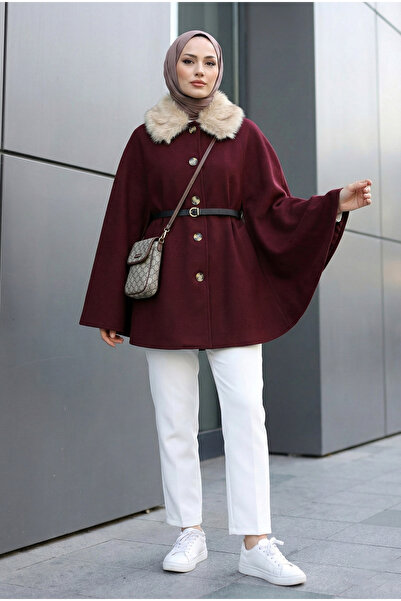MODAQU Belted Collar Fur Poncho - Burgundy
