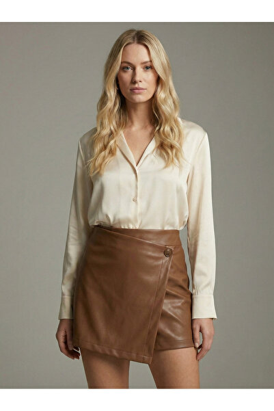 NEW JOURNAL Дамска кафява къса пола с копчета от изкуствена кожа NJ71