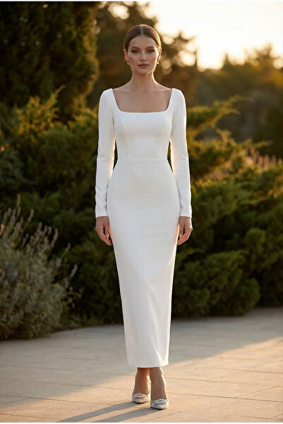 Hazal En Blanc U Yaka Nikah Elbisesi, Maxi Yırtmaçlı Etek, Astarlı