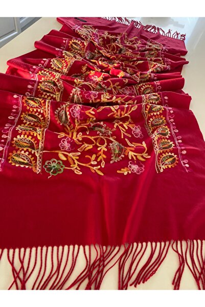Bohemian Red Elegansa Shoulder Scarf with Cashmere Texture and Embroidered St...