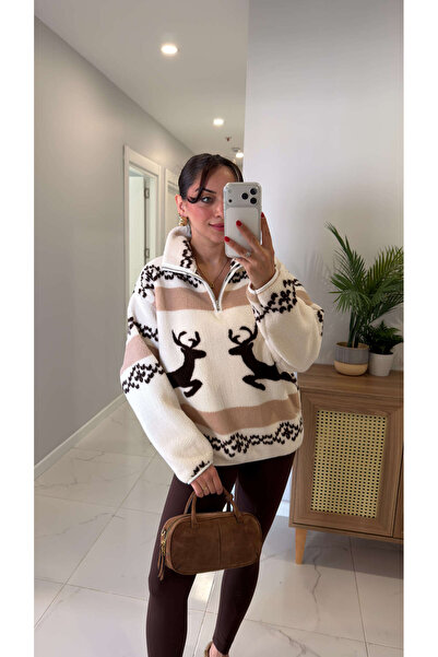 BİRCANÇİL Hanorac cu fermoar Beyun Ecru Acı Kahve Geyikli din pluș