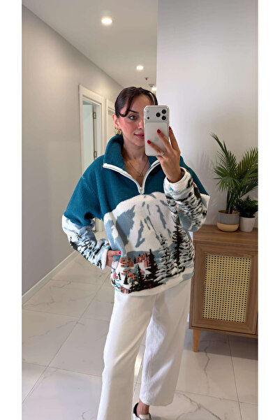 BİRCANÇİL Kesna Ecru Blue Patterned Plush Zippered Sweatshirt