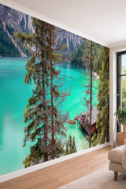 dreamwall Göl ve Dağ Evi Manzaralı - Ofis ve Kafe İçin Tek Parça Tekstil Duva...