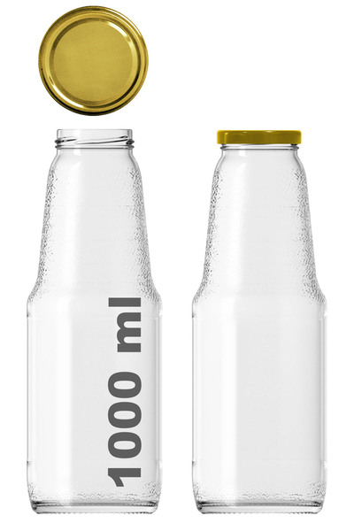 Afracam 1000 ml Şeffaf Meyve Suyu, Meşrubat, Limonata Şişesi Metal Gold Kapak...