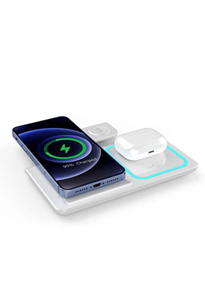 zerzembe 3 In 1 15 W iPhone Watch Uyumlu Hızlı Şarj Kablosuz Wireless Mavi Led Işıklı Şarj Standı