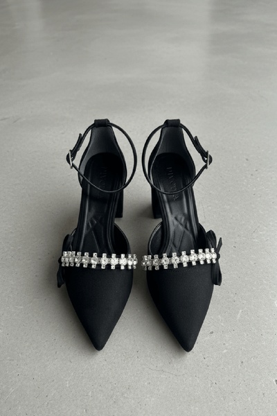 DİVOLYA Pantofi cu toc Dunka din piele intoarsa neagra cu fundita din piatra ...