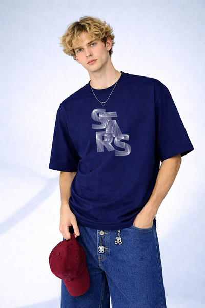 caddekombin Men's Stars Written Rope Art Design Crew Neck Navy Blue T-Shirt