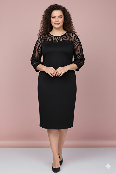 sharin Women's Plus Size Black Tulle Collar Three Quarter Sleeve Midi Length ...