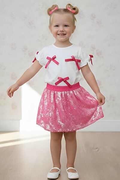 My Kids Wear Set elegant pentru fete cu detalii de fundă și fustă cu paiete, ...