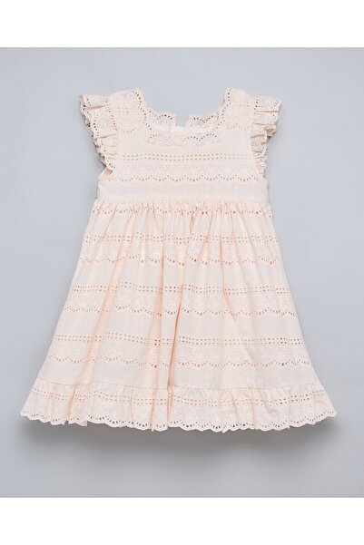 R&B Schiffli A-Line Dress with Square Neck with Ruffle Sleeves
