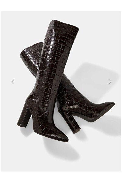 VEYİS USTA Women's Genuine Leather Brown Croka Heeled Leather Boots Tpk Lengt...