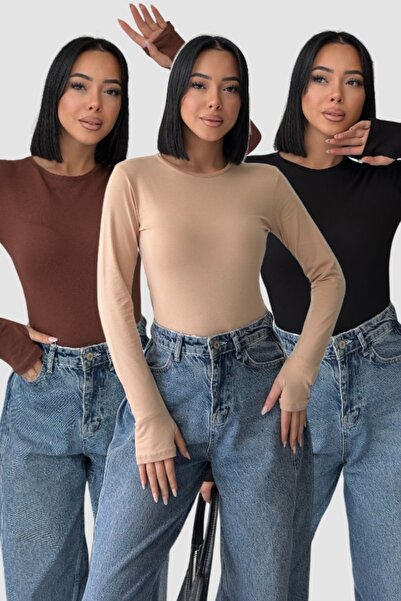 Lunamiratto Women's 3-Piece Crew Neck Bitter Coffee Black Beige Finger-Looped...