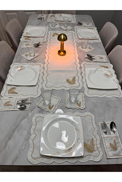 HARD RUBY 25 Parça Simli Gold Yaprak Desenli Amerikan Servis & Masa Örtüsü Seti