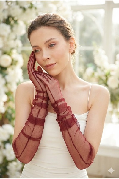 Hobigram Silk Aura Draped Burgundy Long Tulle Gloves |   Elegant and Modern C...
