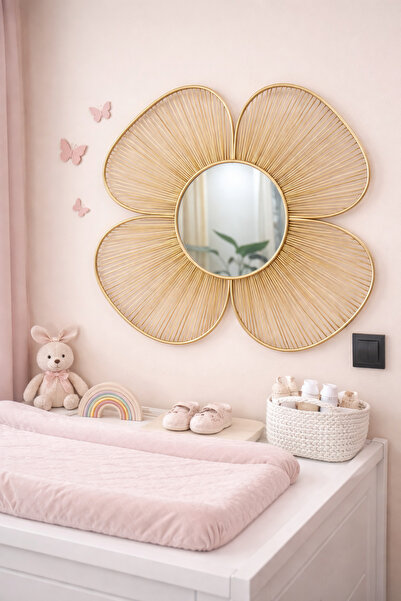 REMO Bebek Odası Dekoratif Çiçek Bambu Rattan Ayna 45*45 cm