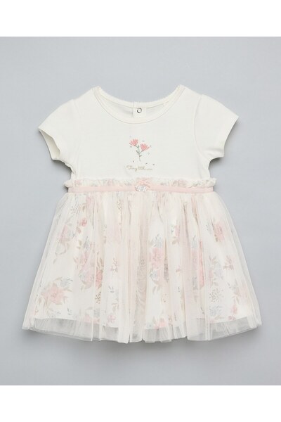 R&B Embroidered Tulle Dress with Crew Neck and Short Sleeves