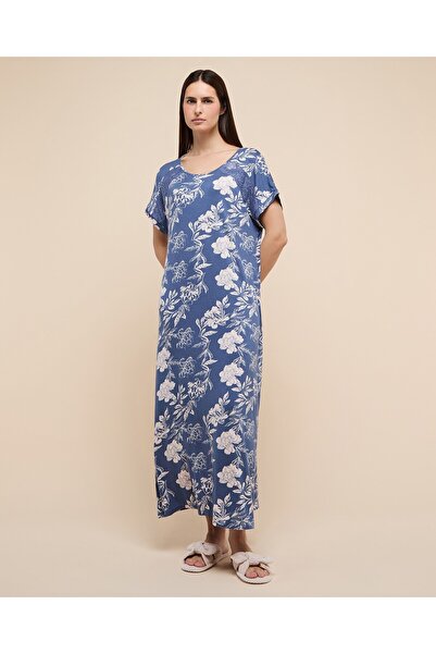 R&B Printed Nightgown with Crew Neck and Short Sleeves