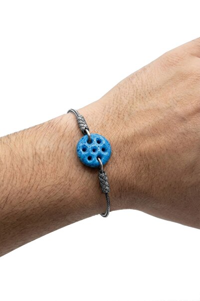 Söğütlü Silver 925 Ayar Gümüş Erkek Bileklik Süryani Boncuğu Mavi Taşlı 7 Del...