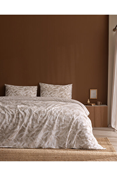 Madame Coco Feuille Double 100% Cotton Ranforce Printed Duvet Cover Set - Beige