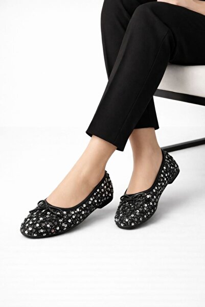 Beyond Дамски черни и сребърни балерини с пайети и панделка 1 см BYNDPUL01