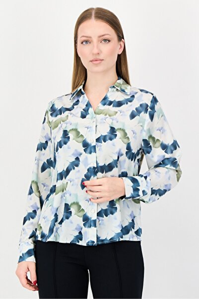 Kathy Ireland قميص نسائي بأكمام طويلة وطبعة زهور وياقة عريضة، متعدد الألوان