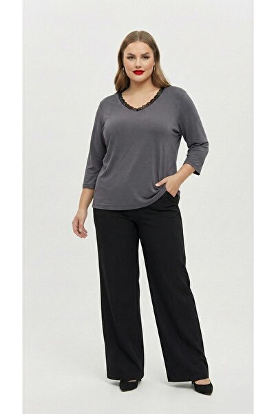 Koza Butik Women's Plus Size Lace Detailed V-Neck Three Quarter Sleeve Cotton...