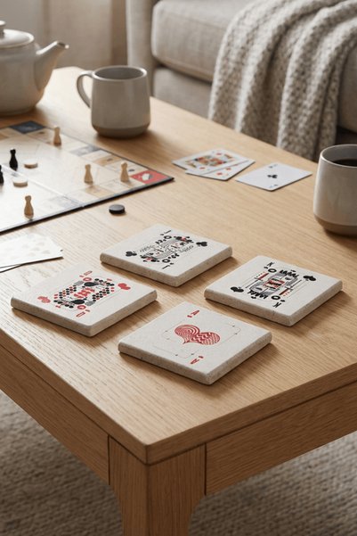 Baumatelier Playing Cards Themed Joker Ace King Girl Natural Stone Travertine Coasters Set of 4