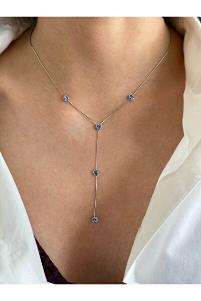 h&b design jewel 925 Ayar Gümüş Mavi Kalpli Y Kolye