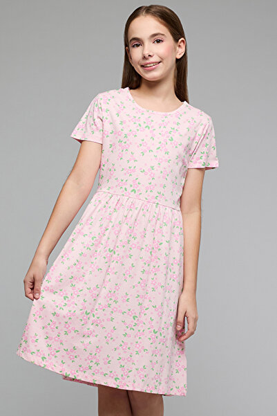 R&B Floral Print Fit & Flare Dress with Crew Neck and Short Sleeves