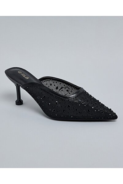 R&B Women Black Embellished Mule Pumps