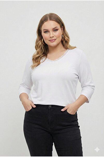 Koza Butik Women's Plus Size Lace Detailed V-Neck Three Quarter Sleeve Cotton...