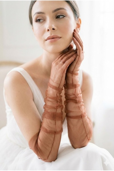 Hobigram Silk Aura Draped Copper Color Long Tulle Gloves |   Elegant and Mode...