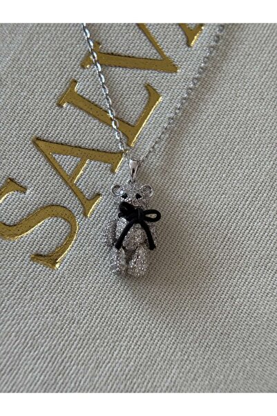 h&b design jewel 925 Ayar Gümüş Siyah Kurdela Ayıcık Kolye