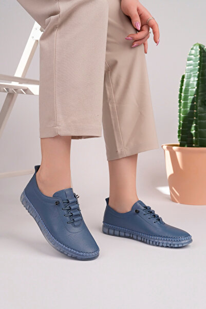 Deri Expres Genuine Leather Women's Daily Blue Shoes