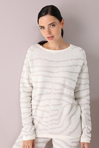 Ferraro Beige/Ecru Zebra Patterned Women's Knitwear Sweater