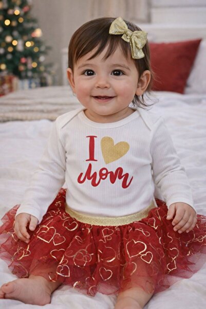 OEM Compleu fetiță "I ❤️ Mom" - body cu tutu roșu inimioare aurii