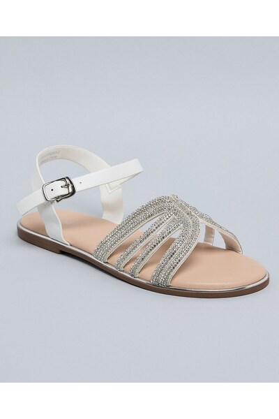 R&B Girls White Embellished Ankle Strap Flat Sandals
