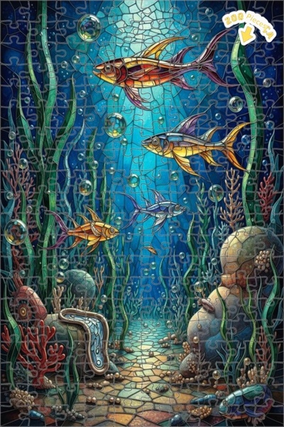 Teona Ahşap لغز خشبي بإطار مزدوج الطبقات بتصميم زجاجي ملون يصور عالم الأسماك ...