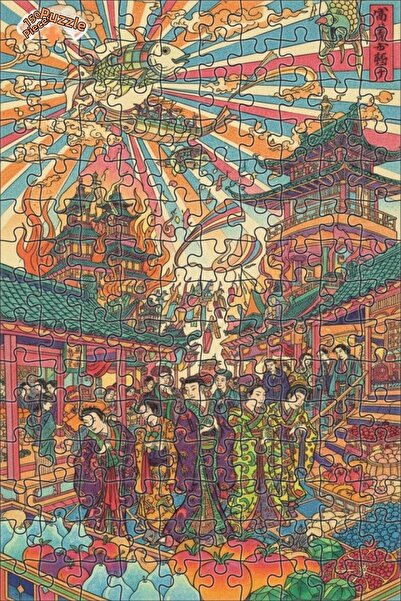 Teona Ahşap Flying Fish Market Scenery Oil Painting Look Double-Decker Framed...