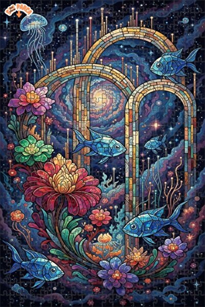 Teona Ahşap Fantastic Galaxy Fish and Colorful Flowers Double-Layer Framed Wo...