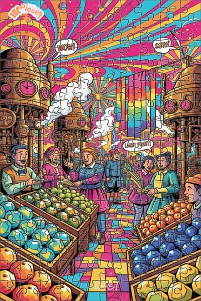 Teona Ahşap Magic Fruit Market Comic Book Look Double Layer Framed Wooden Puz...