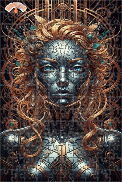 Teona Ahşap Steampunk Cybernetic Woman Portrait Oil Painting Double-Layer Fra...