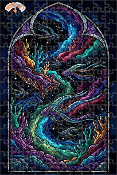 Teona Ahşap Fantastic Fishes Universe Glass Mosaic Look Double-Decker Framed ...