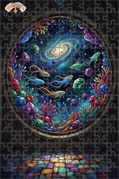 Teona Ahşap Galaxy Fish Crystal Underwater Art Double Layer Framed Wooden Puz...