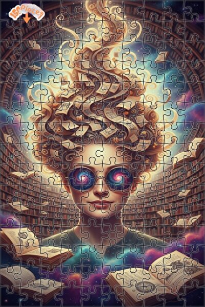 Teona Ahşap Magical Book-Haired Woman Oil Painting Look Art Puzzle 150 Pieces...